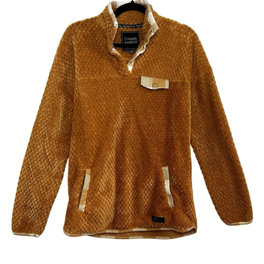 Simply Southern M Orange White Fleece Quarter Snap Henley Pullover Cozy Popcorn